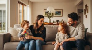 family happy on couch with children
